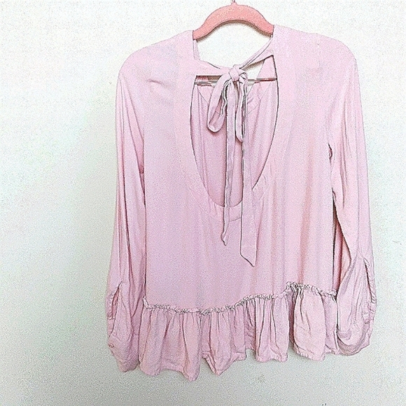 Anthropologie Cloth and Stone Tie Back Pastel Pink Peplum Long Sleeve Blouse - Picture 3 of 10